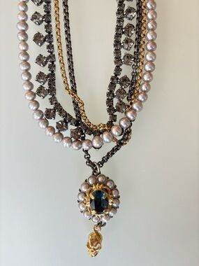 MAWI Multi-Strand Pearl Necklace with Blue Center Gem and Gold Accents